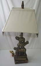 3 Stacked Elephants on Books Sculptural Table Lamp W/Decorative Shade EUC