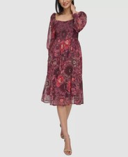 Vince Camuto Women's Red Floral Print Smocked Midi Dress Size 12