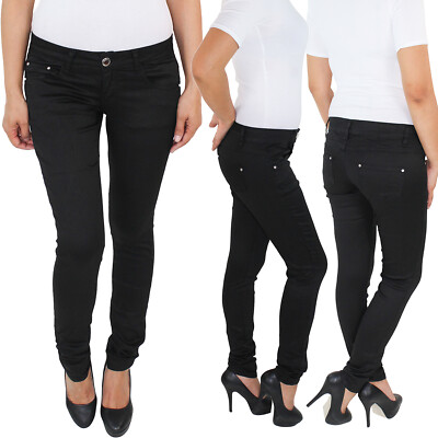 Damen Skinny Jeans Röhrenjeans Hüftjeans Stoffhose Mega Stretch Hose Schwarz 