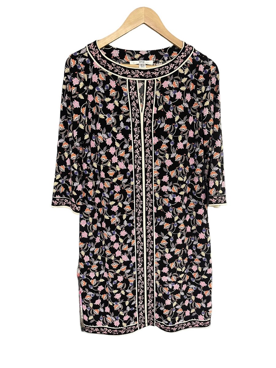 wisp marnie knit dress Black and Pink Floral Shift Size 4 Keyhole 3/4 Sleeve suede-feature
