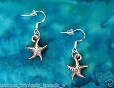VINTAGE-D STARFISH SILVER CHARM EARRINGS~LUAU BEACH PARTY NAUTICAL~STERLING HOOK