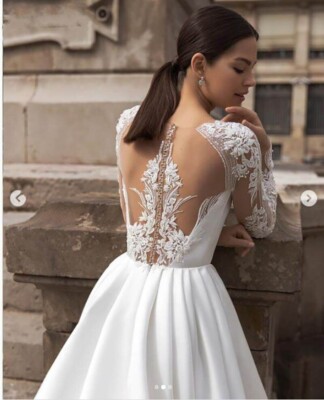 Elegant Long Sleeves Wedding Dresses Satin Lace Illusion Back Bridal Gown  Custom | eBay