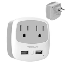 European Power Adapter with 2 USB 2 American Outlet for US Travel to Spain Italy