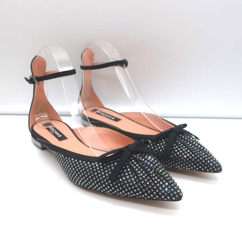 Rochas Rhinestone-Embellished Ankle Strap Bow Flats Black Satin