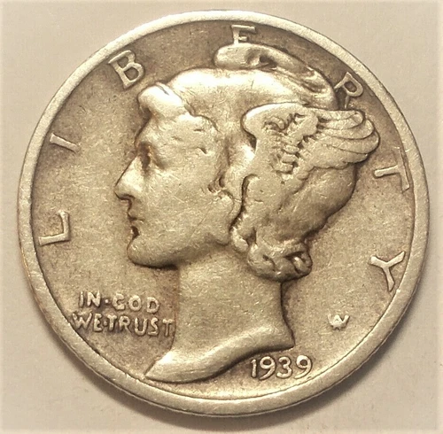 1939 S  Mercury Dime circulated 90% Silver Fine F to Very Fine VF