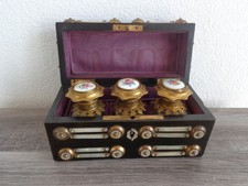 Antike gewölbte Schatulle Holz Perlmutt + 3 Parfüm Flakons Glas Rarität