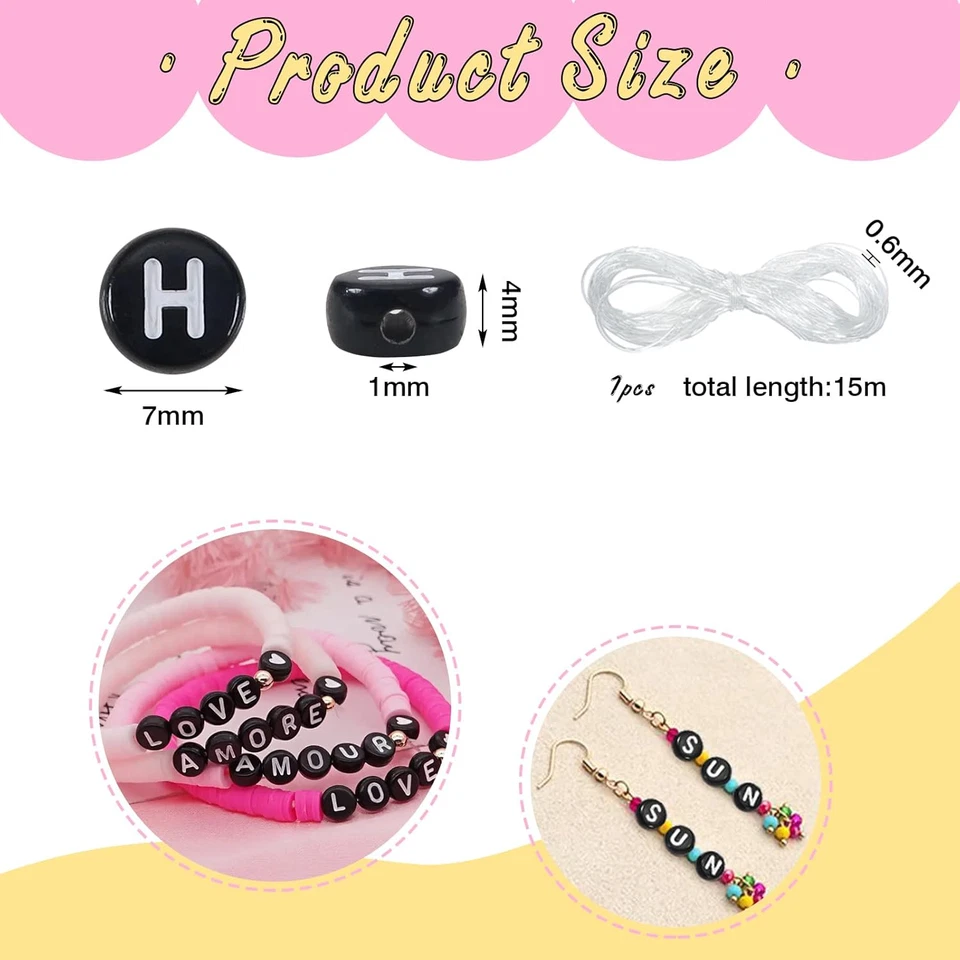 1440 Piezas 4X7Mm Negro Redondo Acrílico Alfabeto Cuentas Blanco Letra a Z y Pat Foto 2 de 4