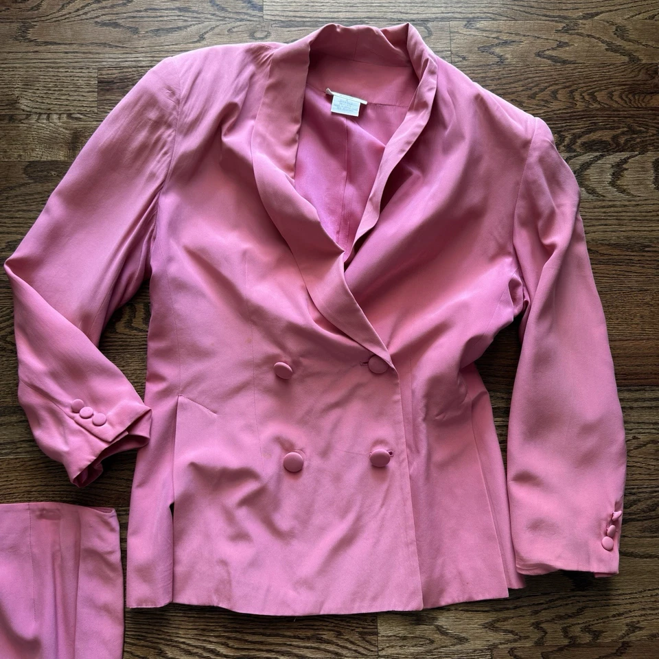 Conjunto de terno Ann Taylor 2 peças rosa 100% seda saia blazer peito duplo tamanho 4 - Imagem 3 de 4
