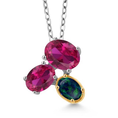 925 Silver and 10K Yellow Gold Created Ruby and Green Opal Pendant Necklace For
