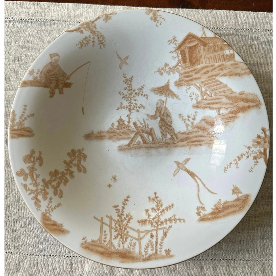 Juego grande de 2 cuencos para servir aseo asiáticos vintage grandes blanco bronceado pesado chinoiserie Foto 2 de 4