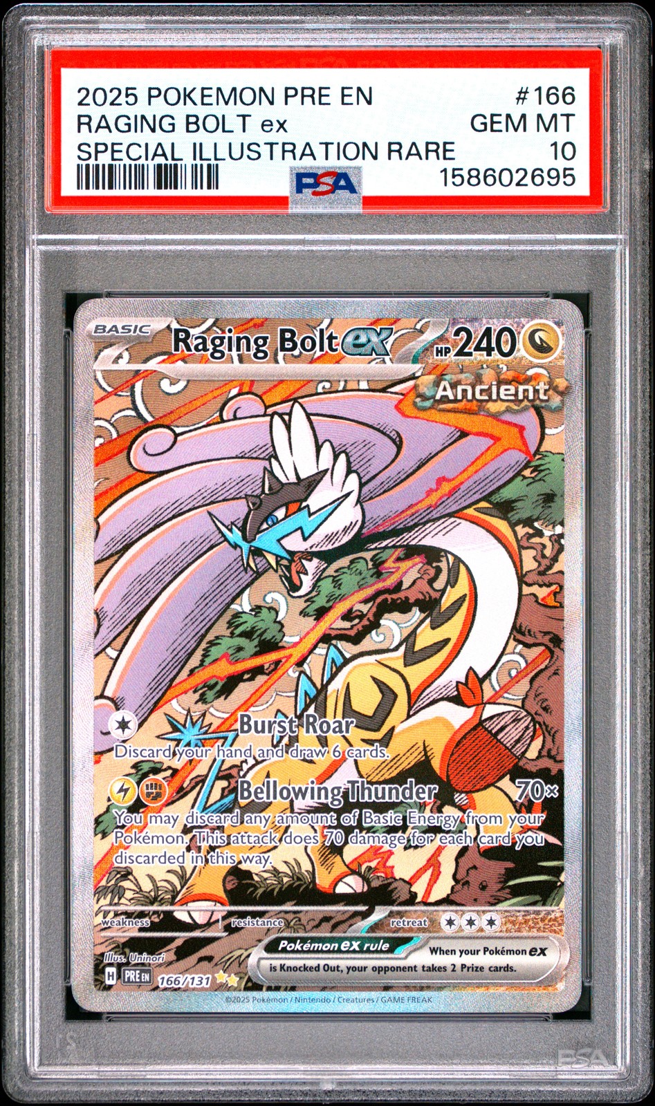 2025 POKEMON PRISMATIC EVOLUTIONS ILLUSTRATION RARE #166 RAGING BOLT EX PSA 10