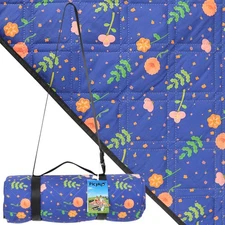 Outdoor Picnic Blanket Blue Floral 60"x80" Sandproof Beach Blanket Waterproof...