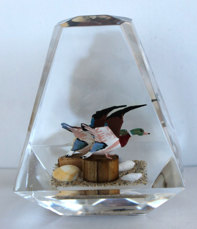 Vintage Hand Carved Painted Two Ducks Lucite/Acrylic Unique Canada Paperweight