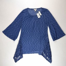 Women s Blue Sheer Bell Sleeve Tunic Top Lace Hem Medium Boho Shirt NWT