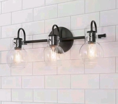 LNC A04099 3-Light 22'' Black Bathroom Vanity Light Clear Globe Glass Shades OB