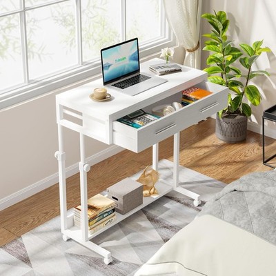 Adjustable Side Table Portable Desk with Drawers and Wheels for Living Room