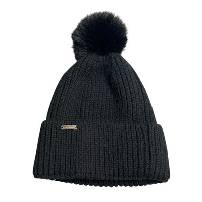 Steve Madden Black Rib Knit Cuffed Pom Pom Winter Snow Beanie Cap Hat One Size