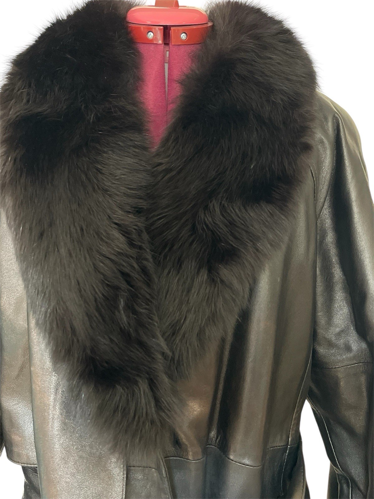 Vtg Nina Ricci Paris Leather Fur Collar Trench Long Glam Coat USA Sz XL