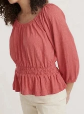 Marine Layer Christiana Knit Long Sleeve Shirred Cotton Top Size XL Berry Peplum