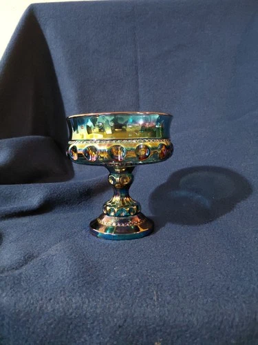 Vtg. Indiana Glass Kings Crown Thumbprint Blue Iridescent Carnival Glass Compote