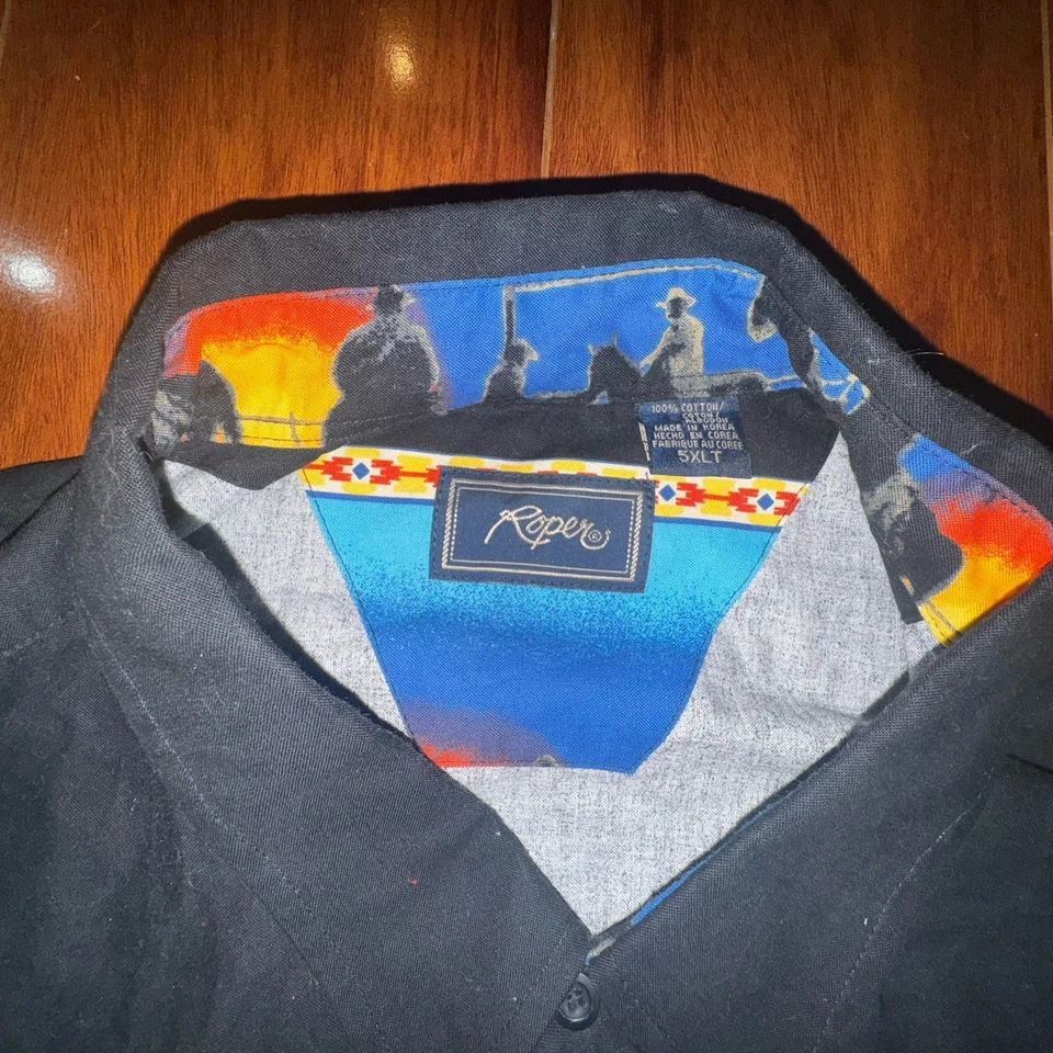 Camisa Roper Western Vaquero Estampado Puesta de Sol 5XLT Tostado Negro Azul De Colección Años 90 Rodeo Foto 4 de 4