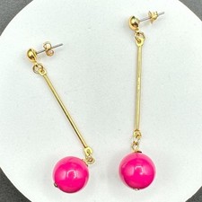 Vintage Gold Tone Hot Pink Bead Dangle Earrings Long Linear Drop Post Y2K 90s