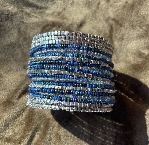 Jules B Cuff Bracelet Boho Seed Bead Blue Silver tone Multi-row Wide Slip On 2” - Picture 2 of 7
