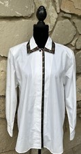 Vintage Y2K Blithe Spirit Blouse Size 10 L White Long Sleeve Floral Trim Exc