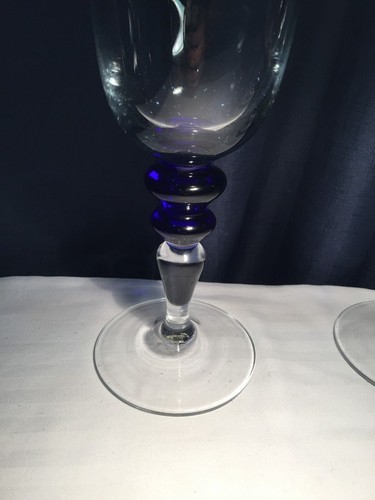 Pair Of Mouth/Hand Blown Clear & Blue Glass Goblet Candle Holders - Picture 2 of 8