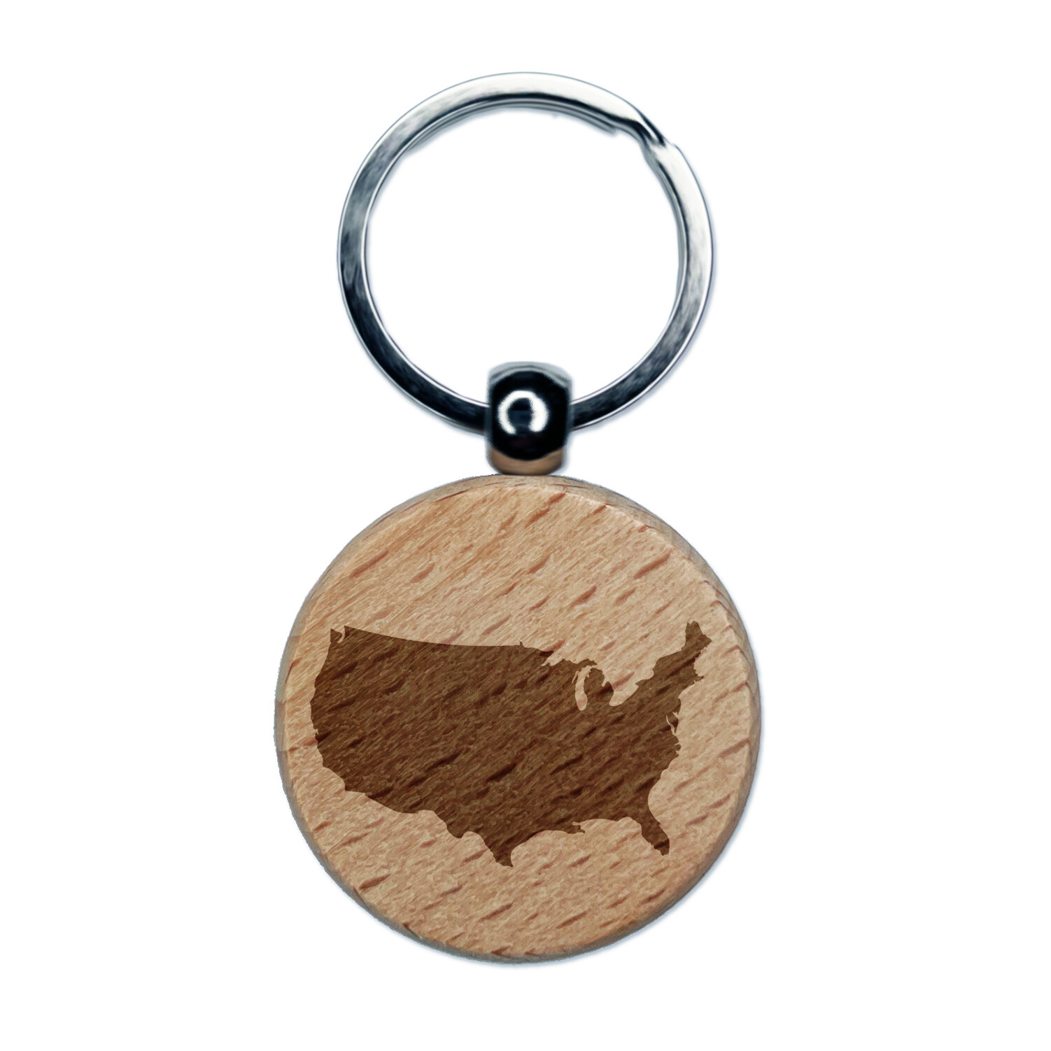 USA United States of America Solid Engraved Wood Round Keychain Tag Charm
