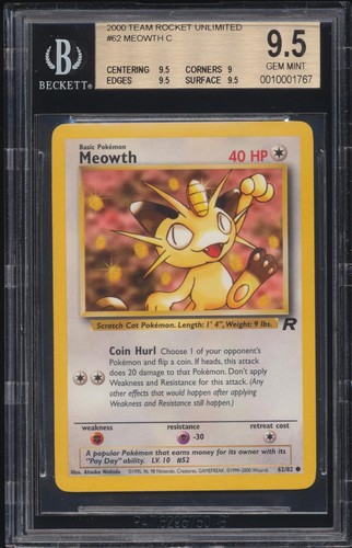 2000 Pokemon Team Rocket Meowth #62 BGS 9.5 GEM MINT Iconic Card POP 1