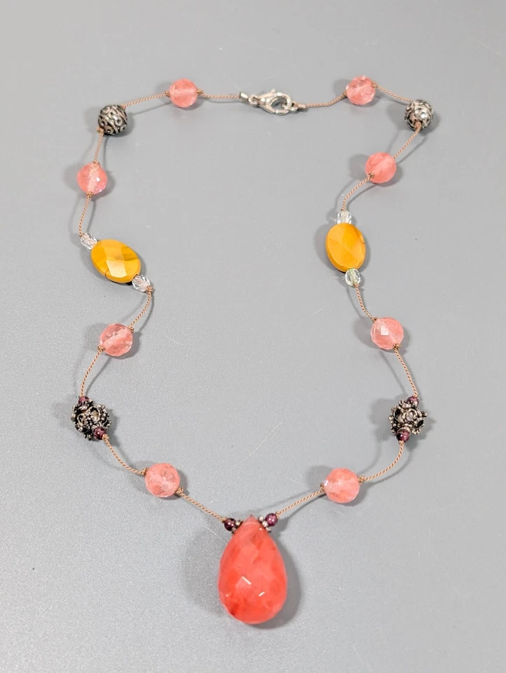 Collar Boho Western Coral Rosa Piedra Lágrima Estación Tono Plata Bola 16 pulgadas Foto 2 de 4