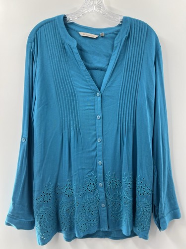 Blusa azul con ojales abotonados manga lengüeta enrollable Soft Surroundings para mujer talla M
