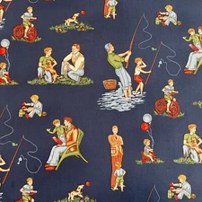 Our Family Retro Father Son Bonding Navy Cotton Fabric by the HALF YARD