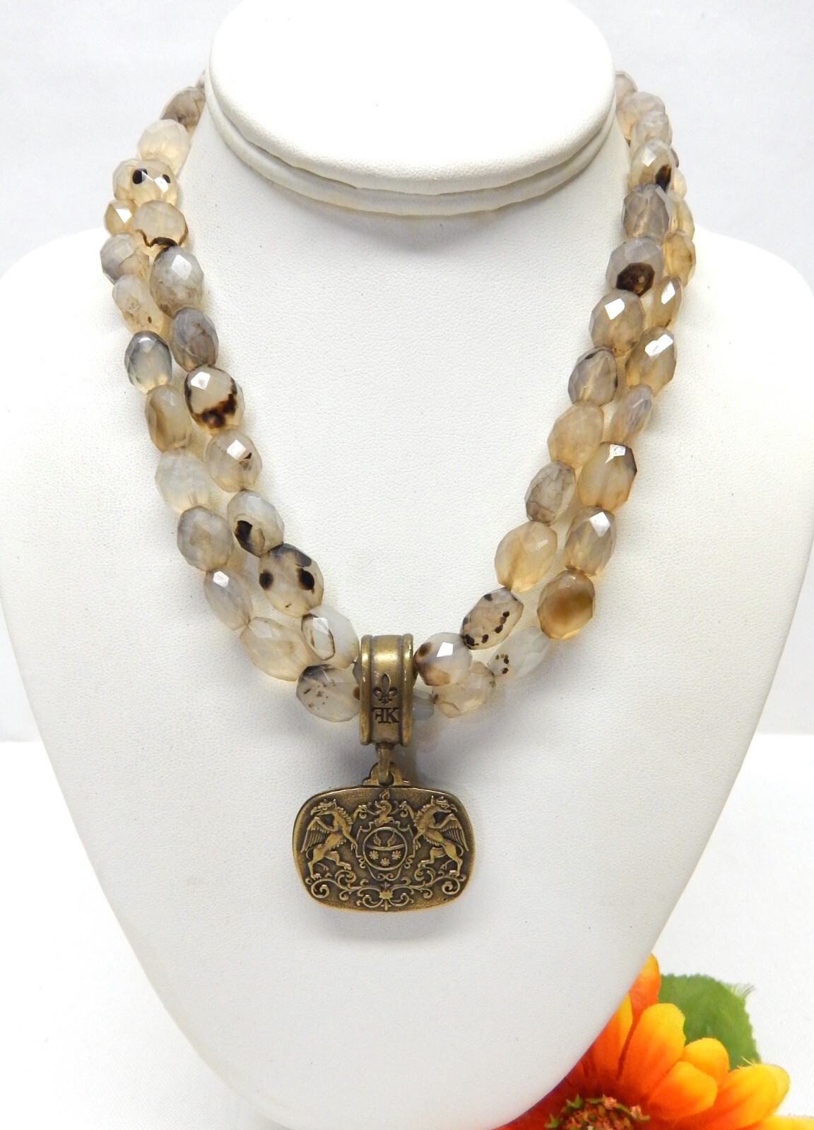 FRENCH KANDE MULTI STRAND INCLUSION QUARTZ & BRASS GRIFFON PENDANT