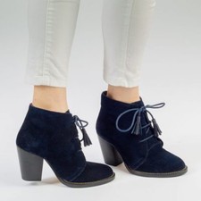 Donna Vera Pelle Caviglia Camoscio Stivali Chelsea Chukka Blocco Tacco Pizzo Blu