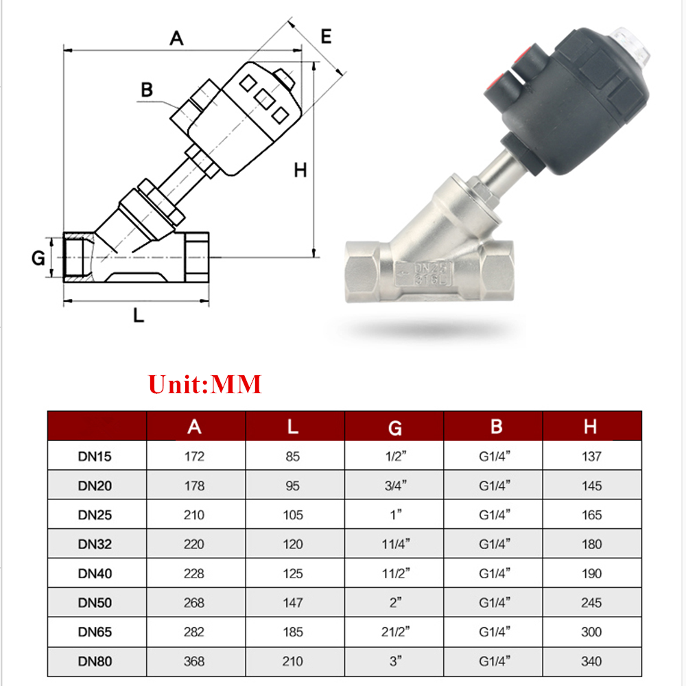 11/2" BSP DN40 Angle Seat Valve Stainless Steel Single Acting Air