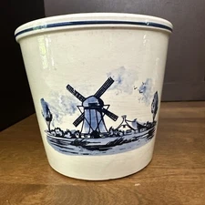 Delft Blauw Planter Pot White & Blue Hand painted Windmill Ship Holland VTG