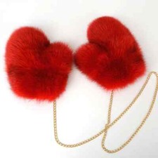 New Real Red Color Fox Fur Gloves Mittens Soft and Furry With Hanging Chain