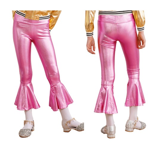Kids Girls Legging Yoga Ruffle Hem Bronzing Pants Workout Trouser Jazz Dance - Picture 48 of 60