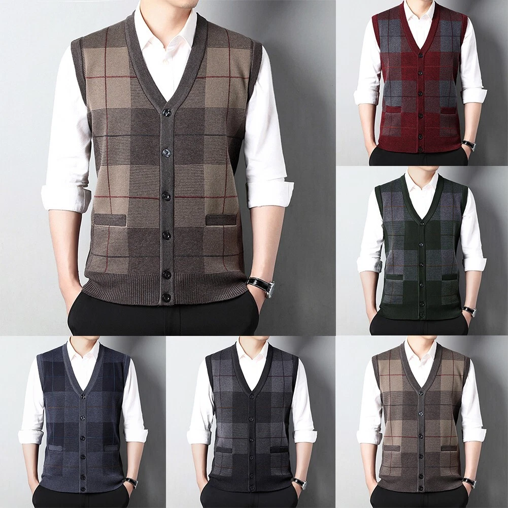Trendy Sleeveless Plaid Cardigan Vest with V Neck for Men Sweater Vest |  eBay