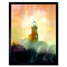 Leuchtturm im Nebel Aquarell Gemälde Küstenlandschaft gerahmte Kunst 12x16