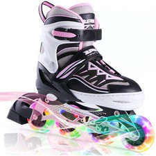 Girls Adjustable Illuminating Inline Roller Skates with Light Up Wheels Pink S