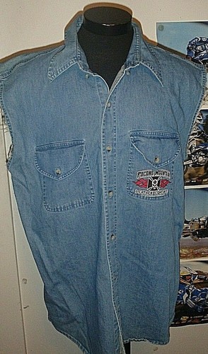 Pocono Mountain Leather company Denim Button Down Shirt Size XL cut off sleeves - Picture 2 of 7