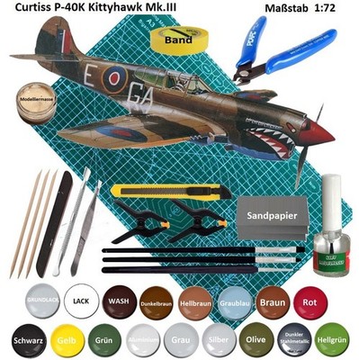 Curtiss P-40K Kittyhawk Mk.III  modell   1:72 + Farben, Matte A3, 3 Pinsel .....