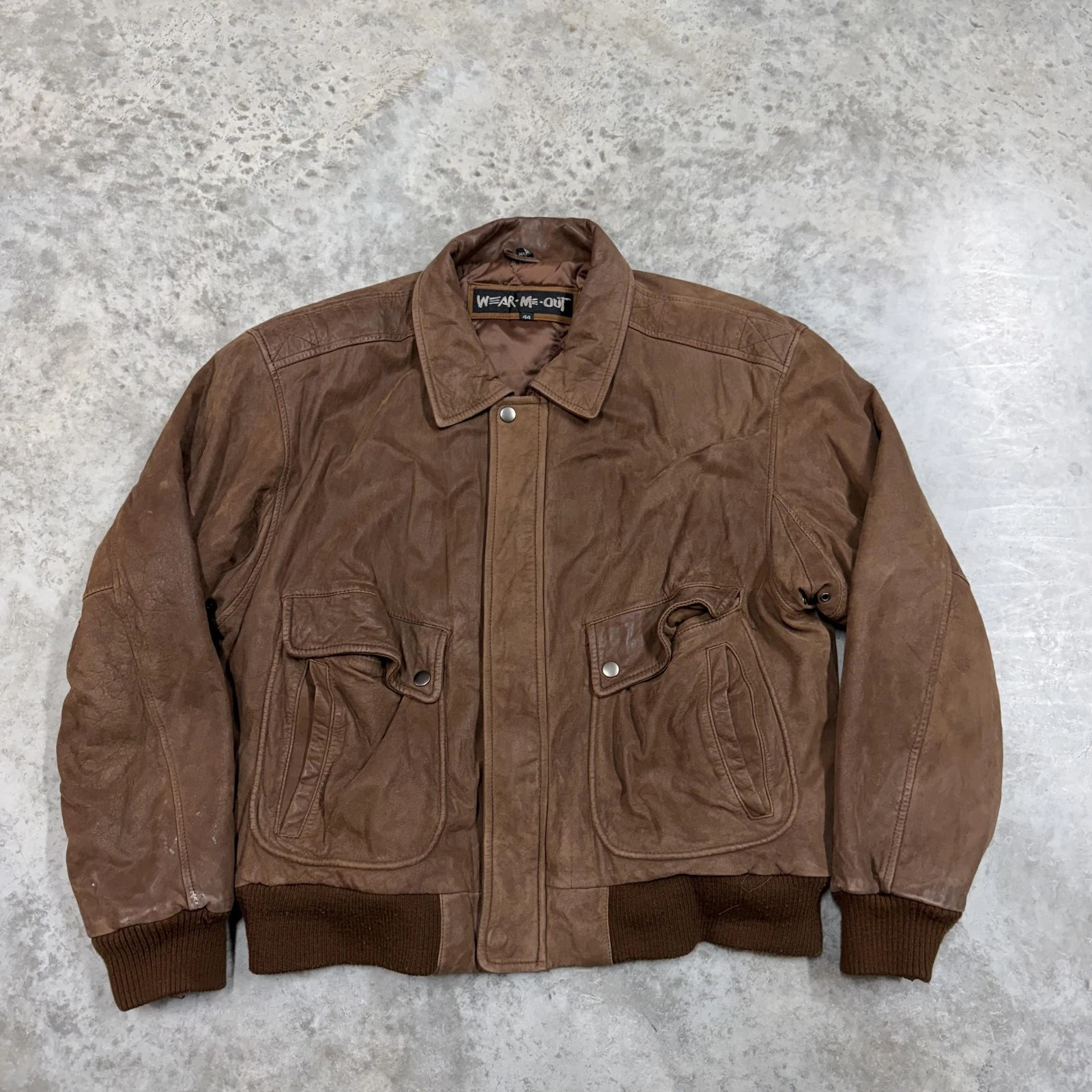 Vintage Wear Me Out Jacket Mens 44 Brown Leather Bomber Full Zip Lined Insulated