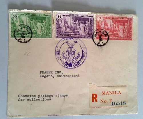 Philippines 1935 Commonwealth Inauguration Registered FDC Manila to Switzerland