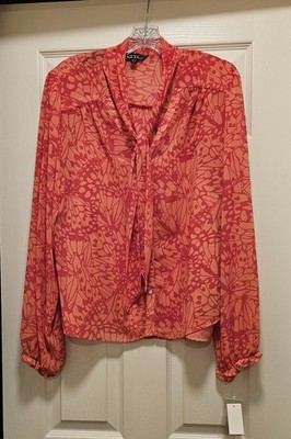 Women's New Nicole Miller Long Sleeve Button Down Blouse With Neck Tie, Size XL