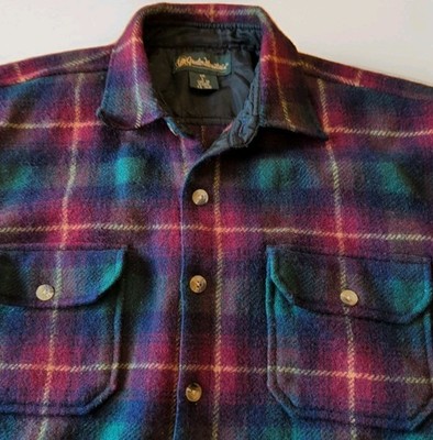 Vntg Gander Mountain Mens Shirt Jacket Wool Blend Green Burgundy Plaid Sz L EUC