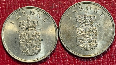 2-HIGH GRADE AU 1970 DENMARK 1 KRONE COIN-OCT235